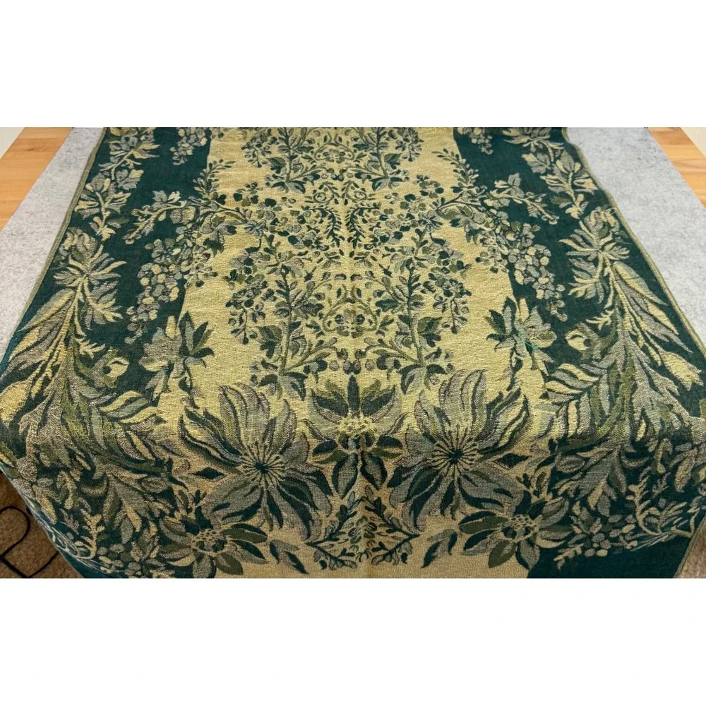 Vintage Floral Tapestry Scarf Table Runner Green Gold Damask Woven Fringe Large